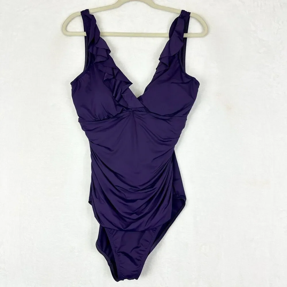 Lauren Ralph Lauren Beach Club Ruffle Surplice One Piece Swimsuit Size 16 NWT